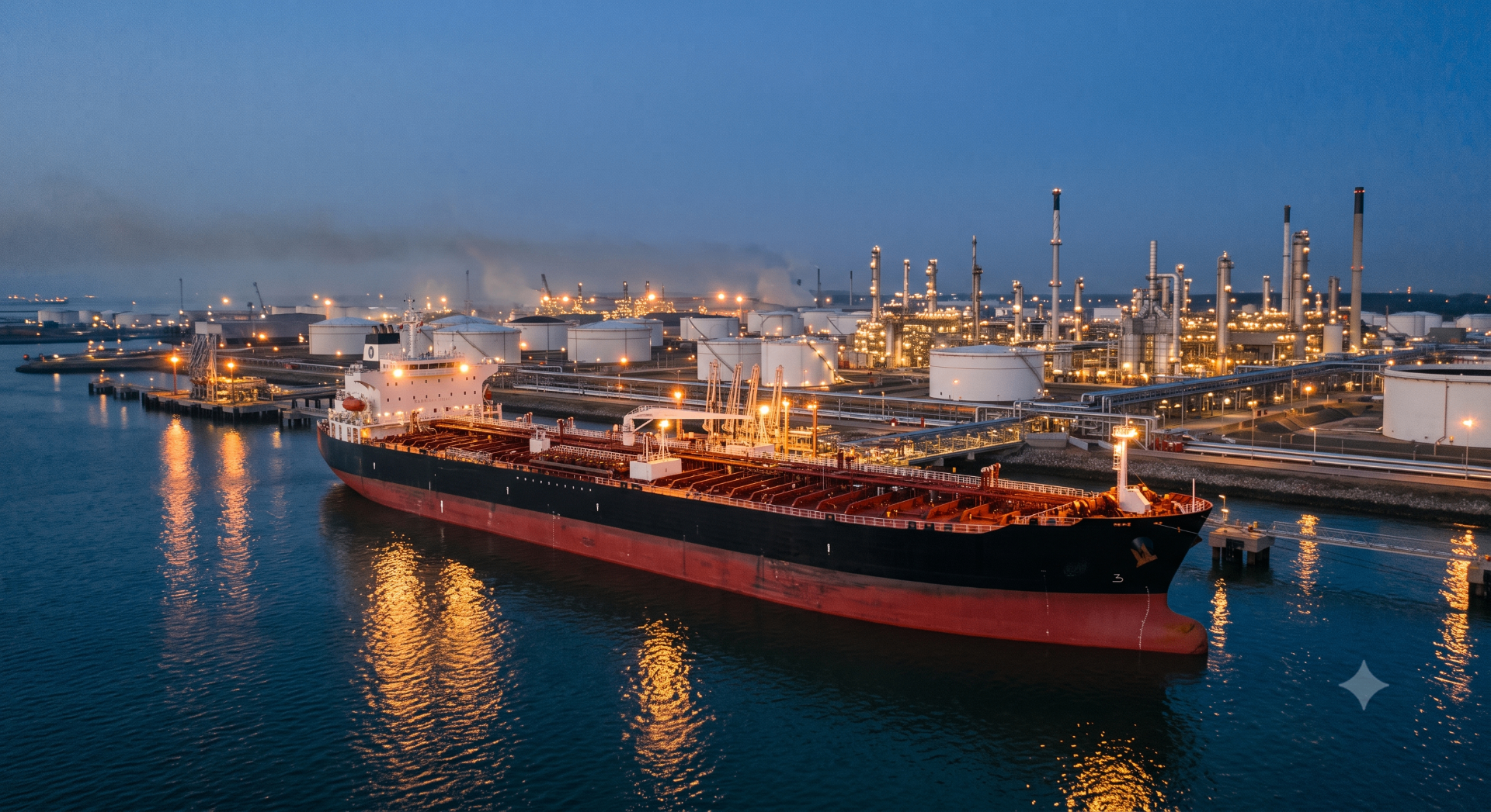 Oil tanker berthed at a refinery terminal at dusk