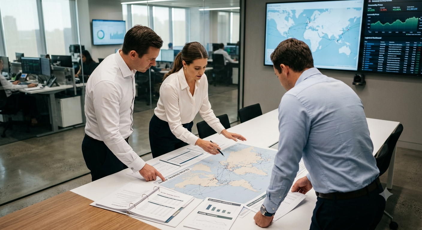 Elemental Trading team reviewing global trade routes