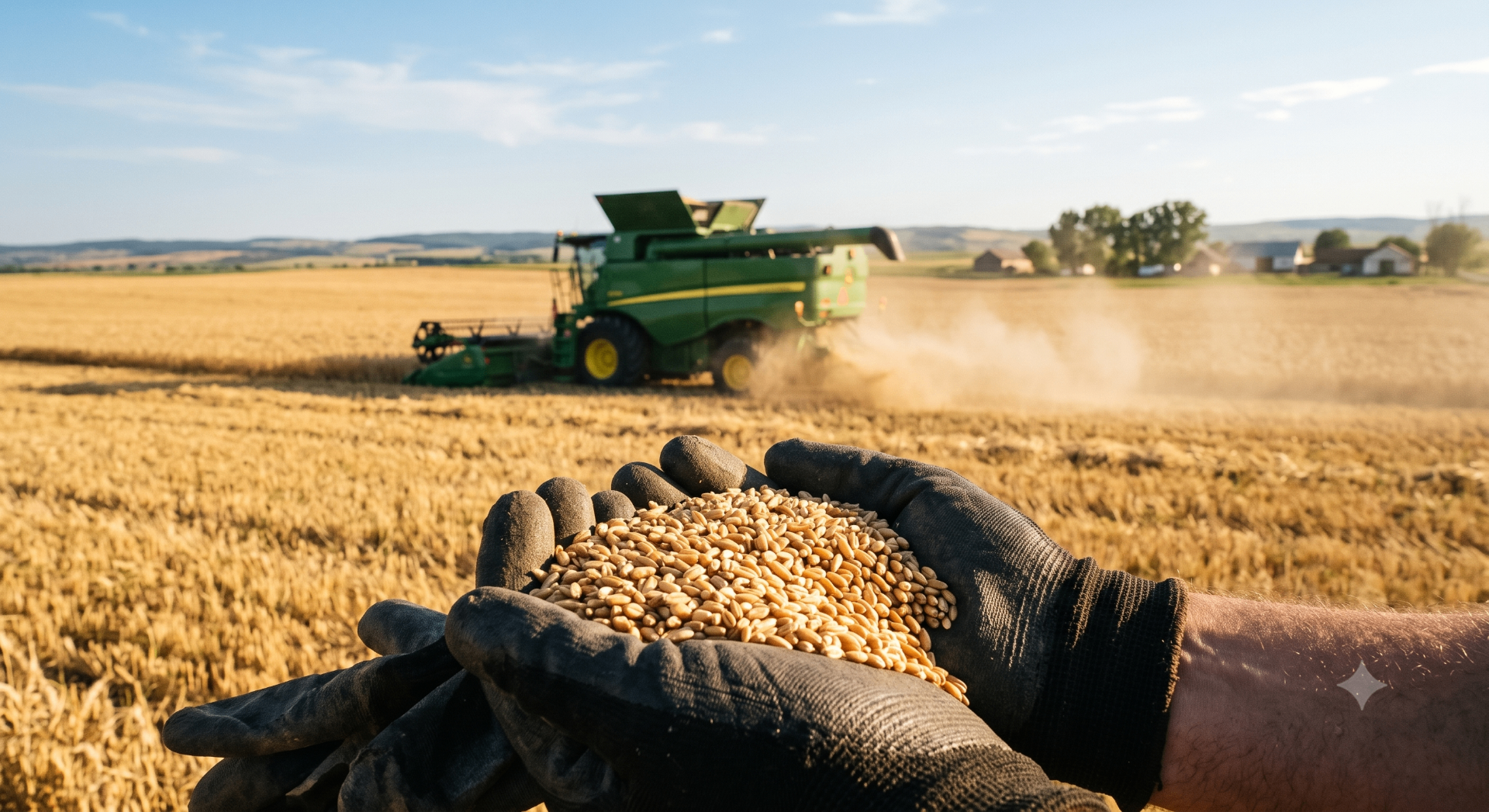 Hands holding freshly harvested wheat grain with a combine in the background